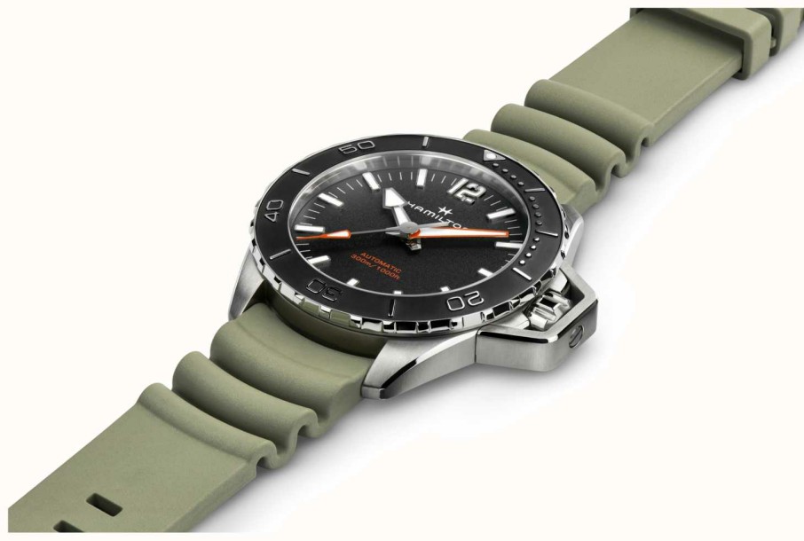 Men'S Hamilton | Hamilton Khaki Navy Frogman Automatic (46Mm) Black Dial / Green Rubber Strap