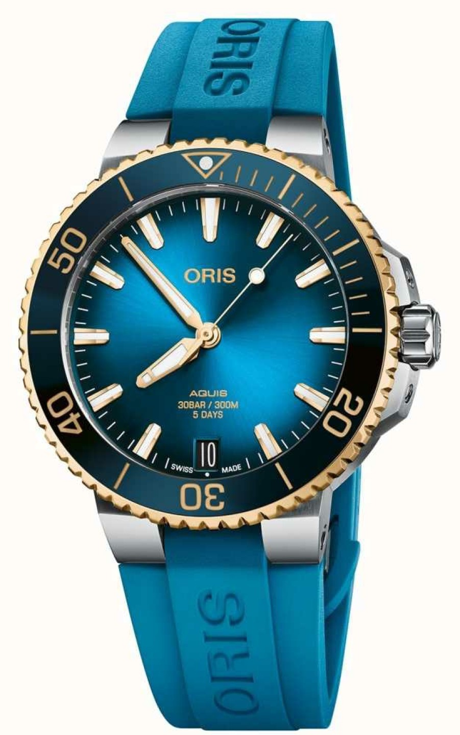 Men'S ORIS | Oris Aquis Date Bi-Colour Calibre 400 Automatic (41.5Mm) Blue Dial / Blue Rubber Strap