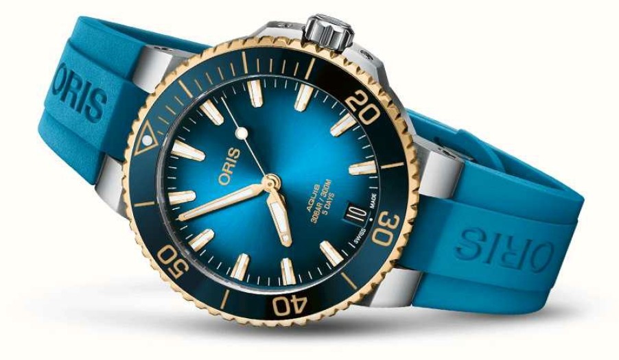 Men'S ORIS | Oris Aquis Date Bi-Colour Calibre 400 Automatic (41.5Mm) Blue Dial / Blue Rubber Strap