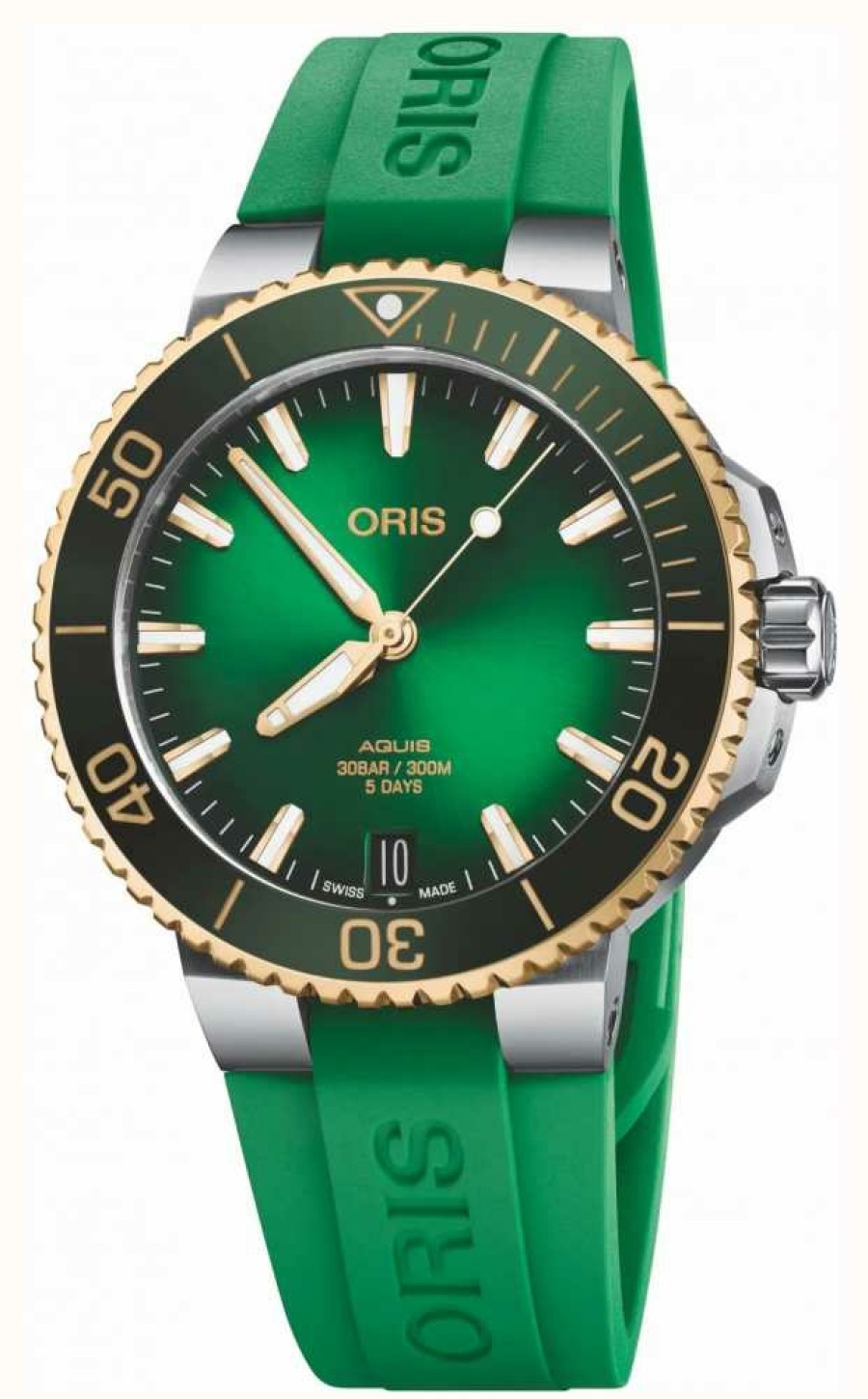 Men'S ORIS | Oris Aquis Date Bi-Colour Calibre 400 Automatic (41.5Mm) Green Dial / Green Rubber Strap