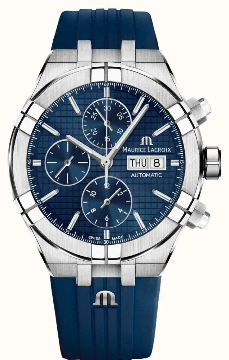 Men'S Maurice Lacroix | Maurice Lacroix Aikon Automatic Chronograph Day/Date (44Mm) Blue Dial / Blue Rubber