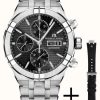 Men'S Maurice Lacroix | Maurice Lacroix Aikon Automatic Chronograph Day/Date (44Mm) Black Dial / Stainless Steel + Black Rubber