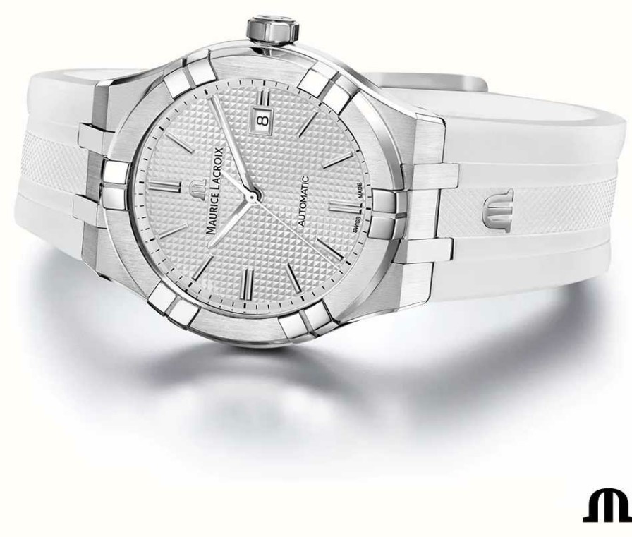 Men'S Maurice Lacroix | Maurice Lacroix Aikon Automatic (42Mm) Silver Clous De Paris Dial / Light Grey Rubber