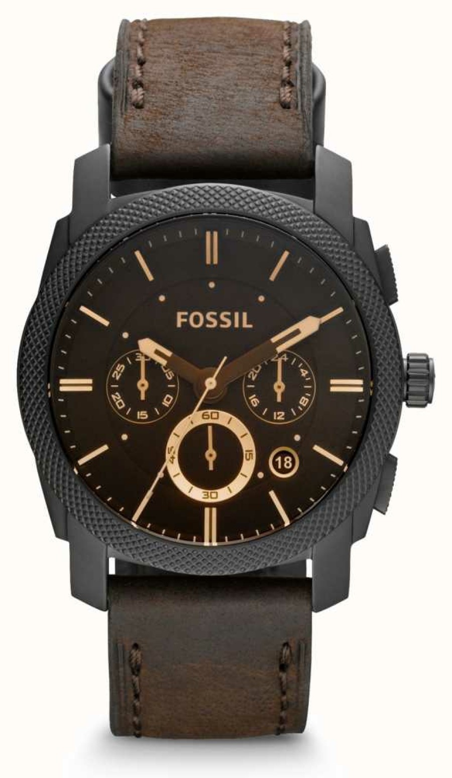 Men'S Fossil | Fossil Men'S Machine | Black Chronograph Dial | Brown Leather Strap