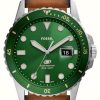 Men'S Fossil | Fossil Mens Tan Leather Strap Green Dial