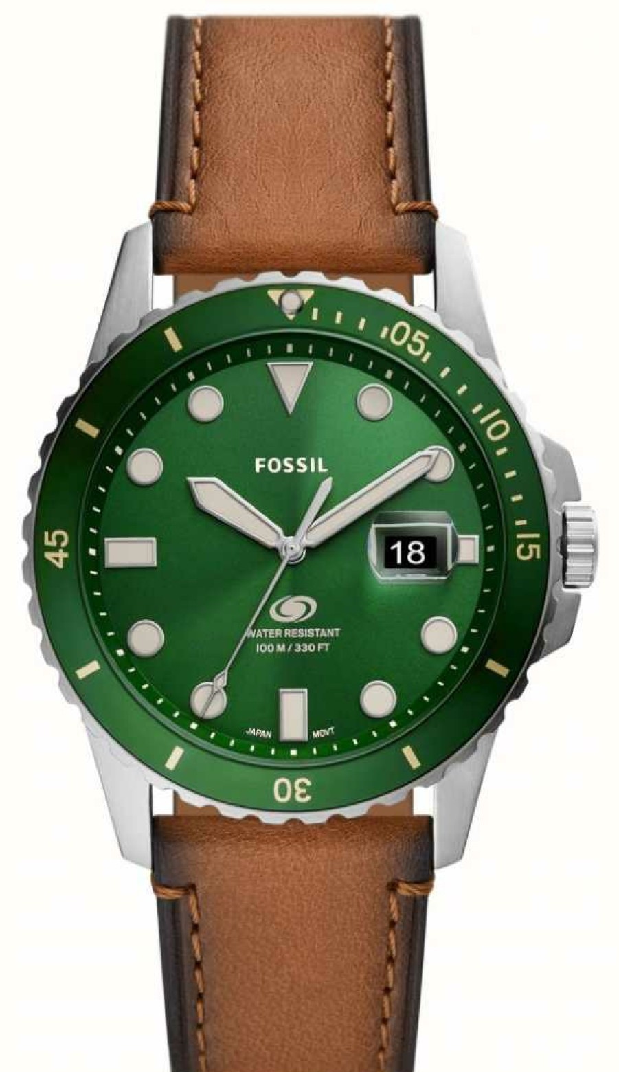 Men'S Fossil | Fossil Mens Tan Leather Strap Green Dial