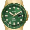 Men'S Fossil | Fossil Mens Gold Plated Bracelet Green Dial