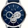 Men'S Armani Exchange | Armani Exchange Blue Dial Skeleton Display | Blue Leather