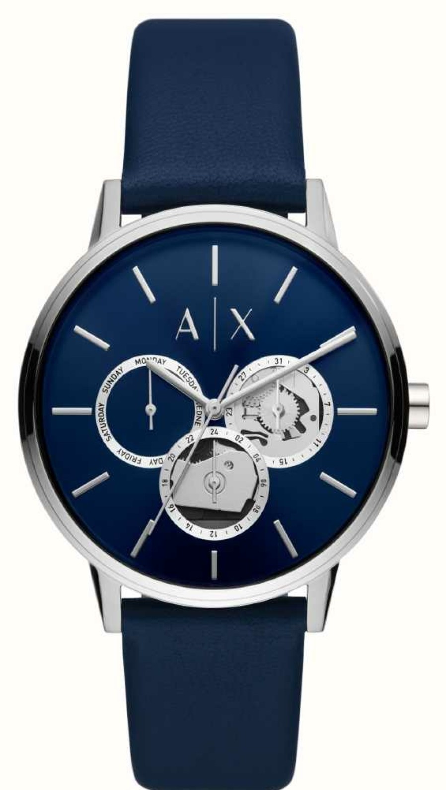 Men'S Armani Exchange | Armani Exchange Blue Dial Skeleton Display | Blue Leather