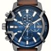 Men'S Diesel | Diesel Griffed Brown Leather Strap Blue Dial Watch