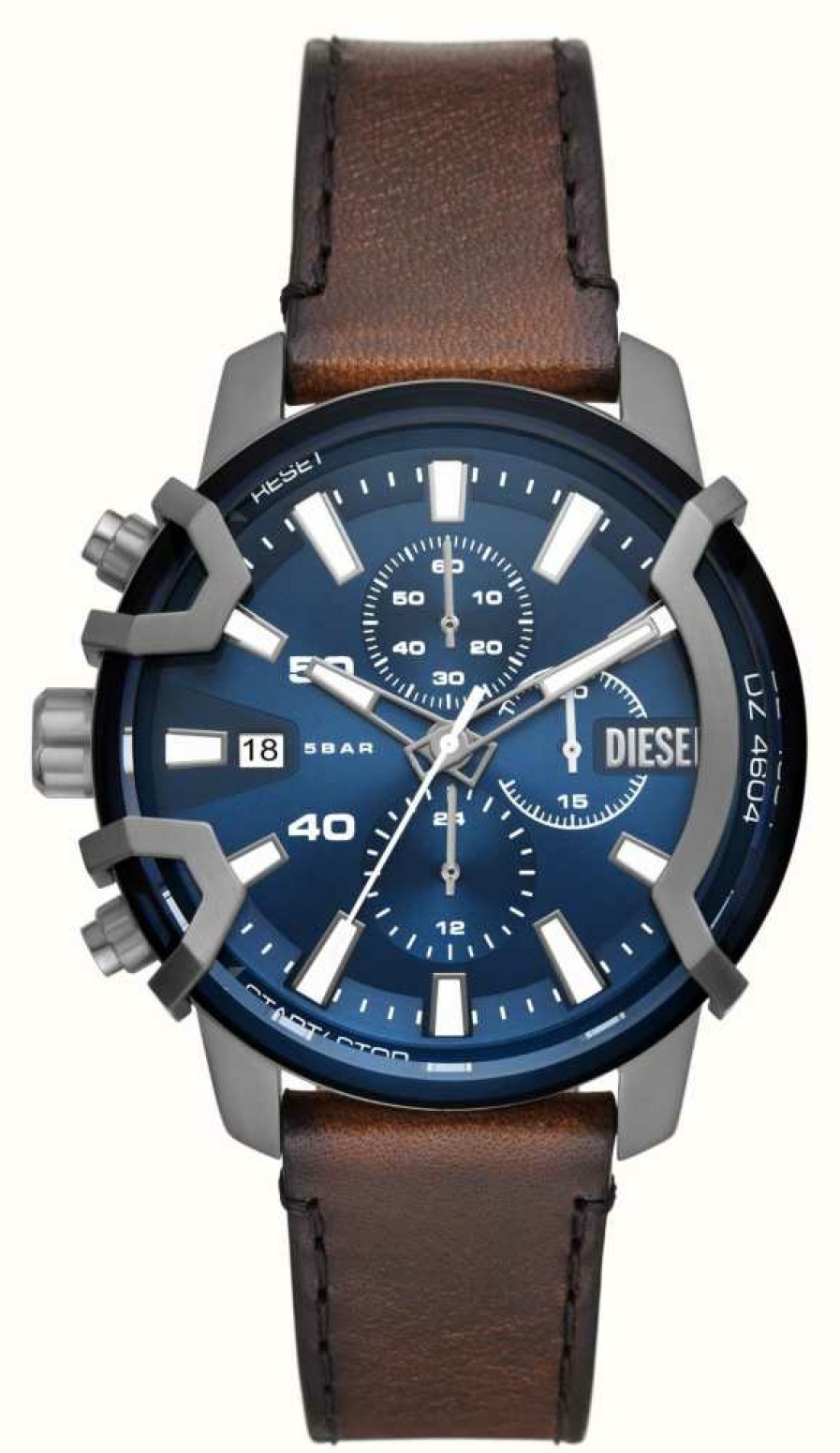 Men'S Diesel | Diesel Griffed Brown Leather Strap Blue Dial Watch