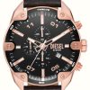 Men'S Diesel | Diesel Spiked Rose Gold | Black Leather Watch