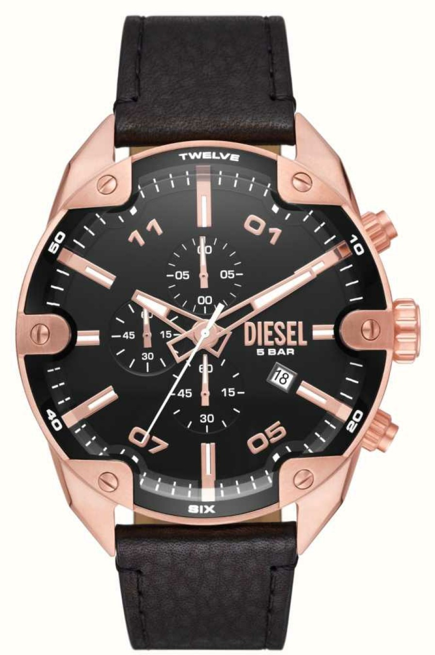 Men'S Diesel | Diesel Spiked Rose Gold | Black Leather Watch