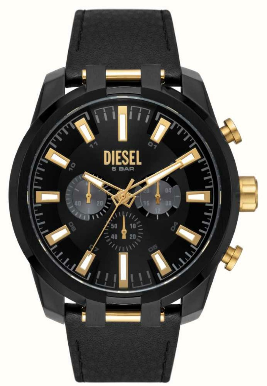 Men'S Diesel | Diesel Split Men'S Black Pvd Plated Case Leather Strap