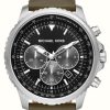 Men'S Michael Kors | Michael Kors Cortlandt Black Chronograph Dial Green Leather Strap