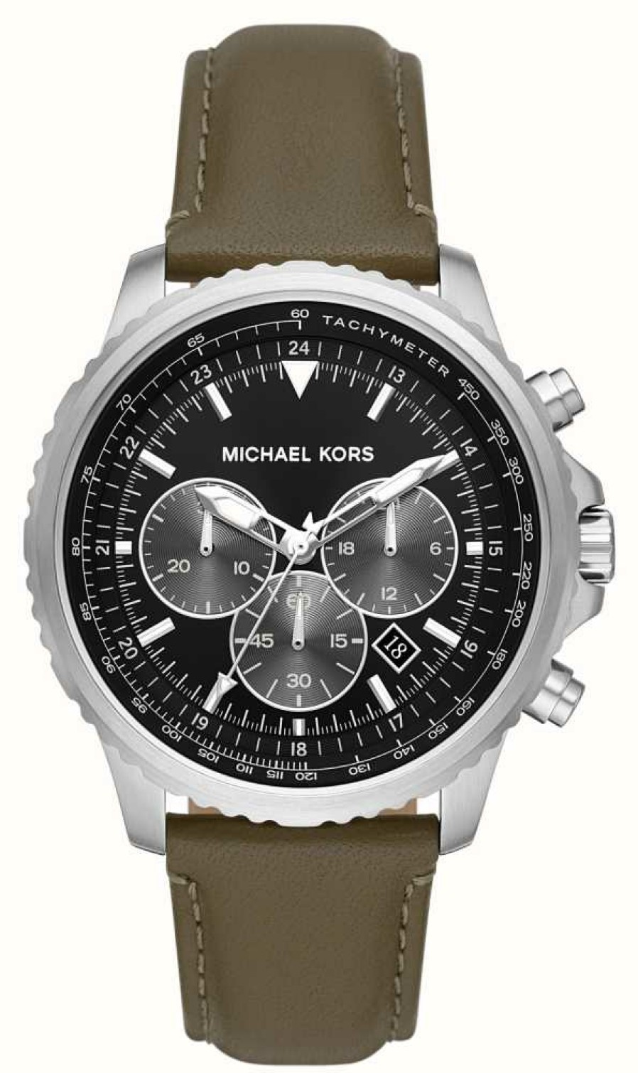 Men'S Michael Kors | Michael Kors Cortlandt Black Chronograph Dial Green Leather Strap