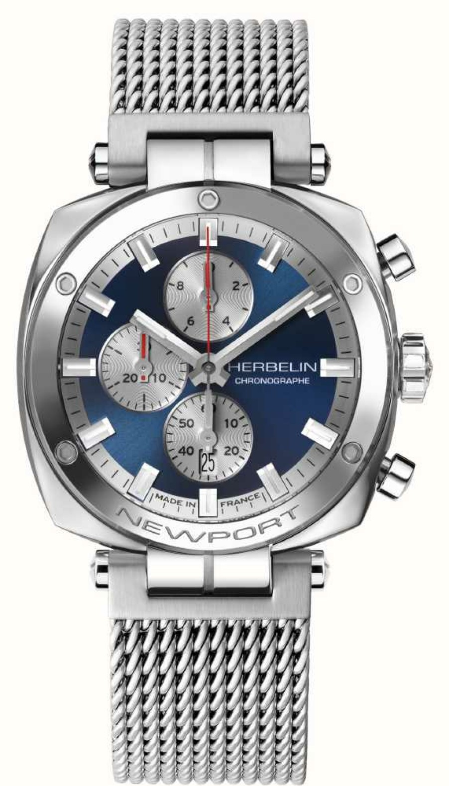 Men'S Herbelin | Herbelin Newport Heritage Chronograph (42Mm) Blue Dial / Stainless Steel Mesh