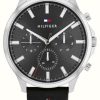 Men'S Tommy Hilfiger | Tommy Hilfiger Ryder | Men'S Black Leather Strap | Black/Grey Dial